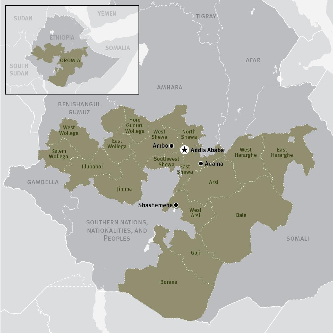 Karte der Bundesstaat oromia in äthiopien